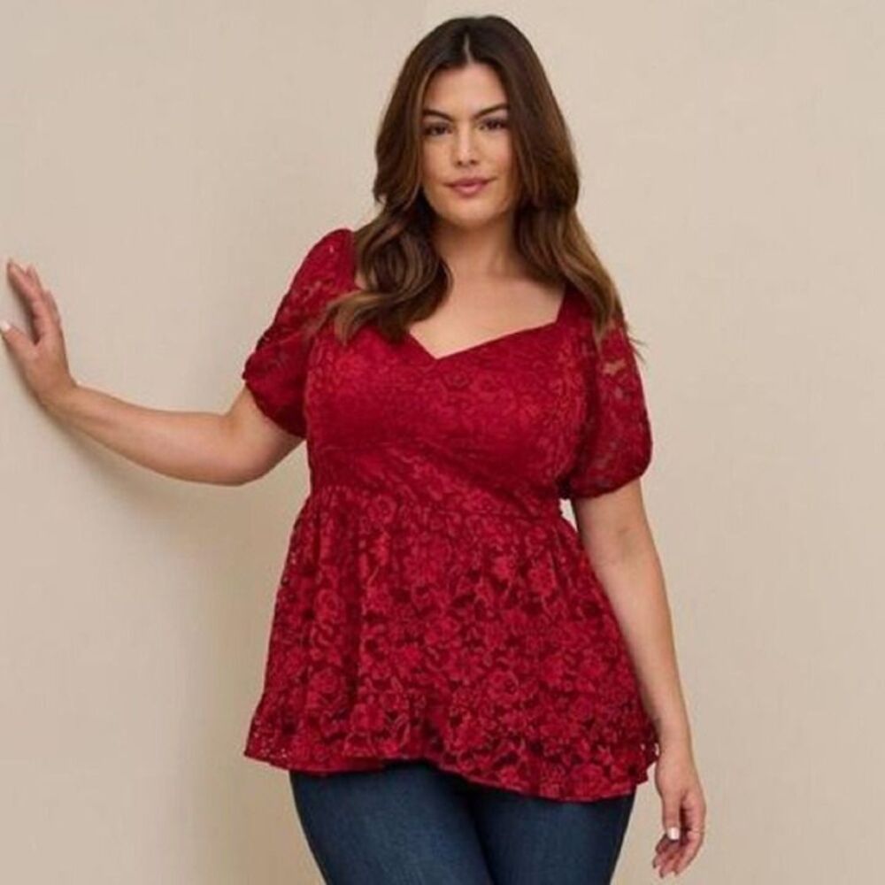 Torrid Babydoll Lace Puff Sleeve Top Dark Red size 5X NWT Whimsigoth Fairy Goth